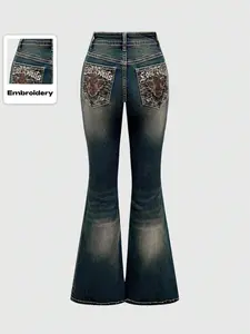 Women's High Waist Vintage Denim Flare Pants, Elastic Hip Lifting, Wide Leg Back Pockets, All-Season Fashion Jeans