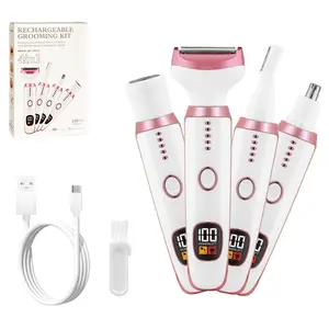 Women's four-in-one hair trimmer, USB charging version, equipped with four trimming accessories, featuring an ergonomic handle and an LED display. Portable women's beauty set, essential for travel, ideal for Valentine's Day and Christmas gifts.
