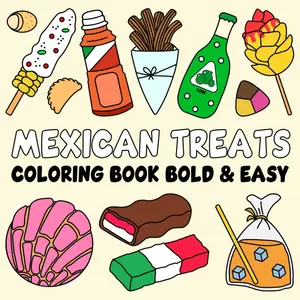 Mexican Treats Coloring Book Bold and Easy: 35 Simple and Big Designs with Thick Lines for Adults, Kids, Teens for Relaxation and Stress Relief