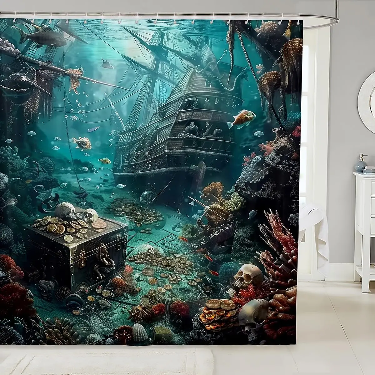 Pirate Ship Shower Curtain Set,Nautical Sailboat Bathroom Set Room,Sail Boat Sailing Bathroom Decor Teal Ocean Marine Fabric Shower Curtain