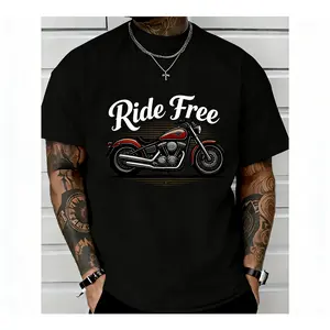 "Free Riding" vintage motorcycle pattern T-shirt, retro biker-themed short sleeve, an excellent gift for motorcycle enthusiasts, men's casual streetwear