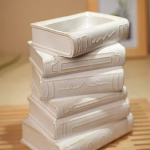 Ivory Ceramic Stacked Books Vase 6.5" x 7.87 Handcrafted Accent for Book Lovers & Vintage Inspired Spaces