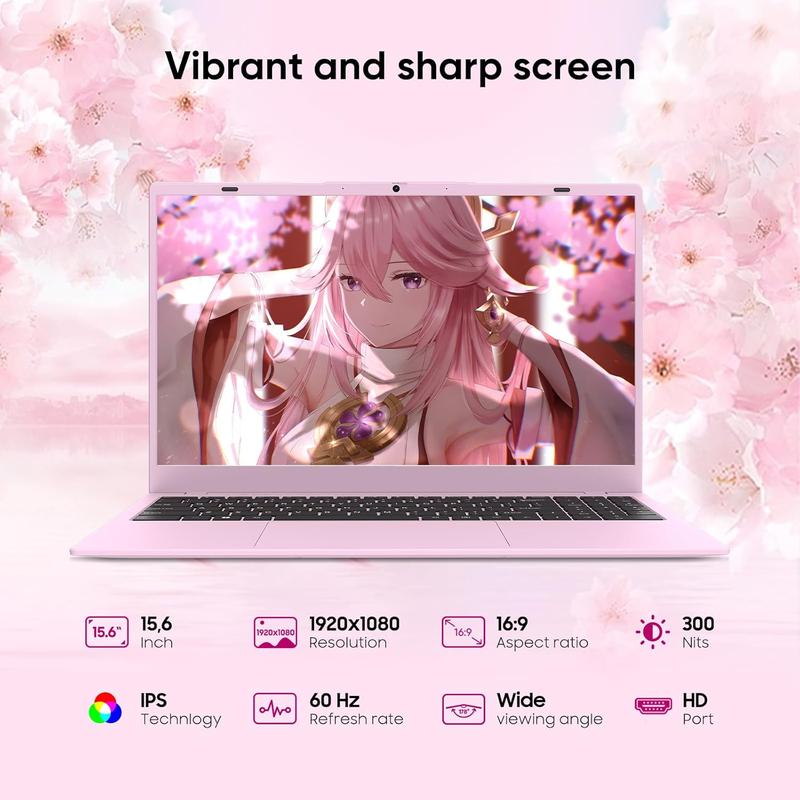 15.6” Pink Laptop Intel N150 4-Core (Beats N95/N100) 12GB DDR5 512GB SSD 1080p IPS WiFi 6 BT5.2 5000mAh Large Capacity Battery Perfect for College & Travel Your Campus Essential