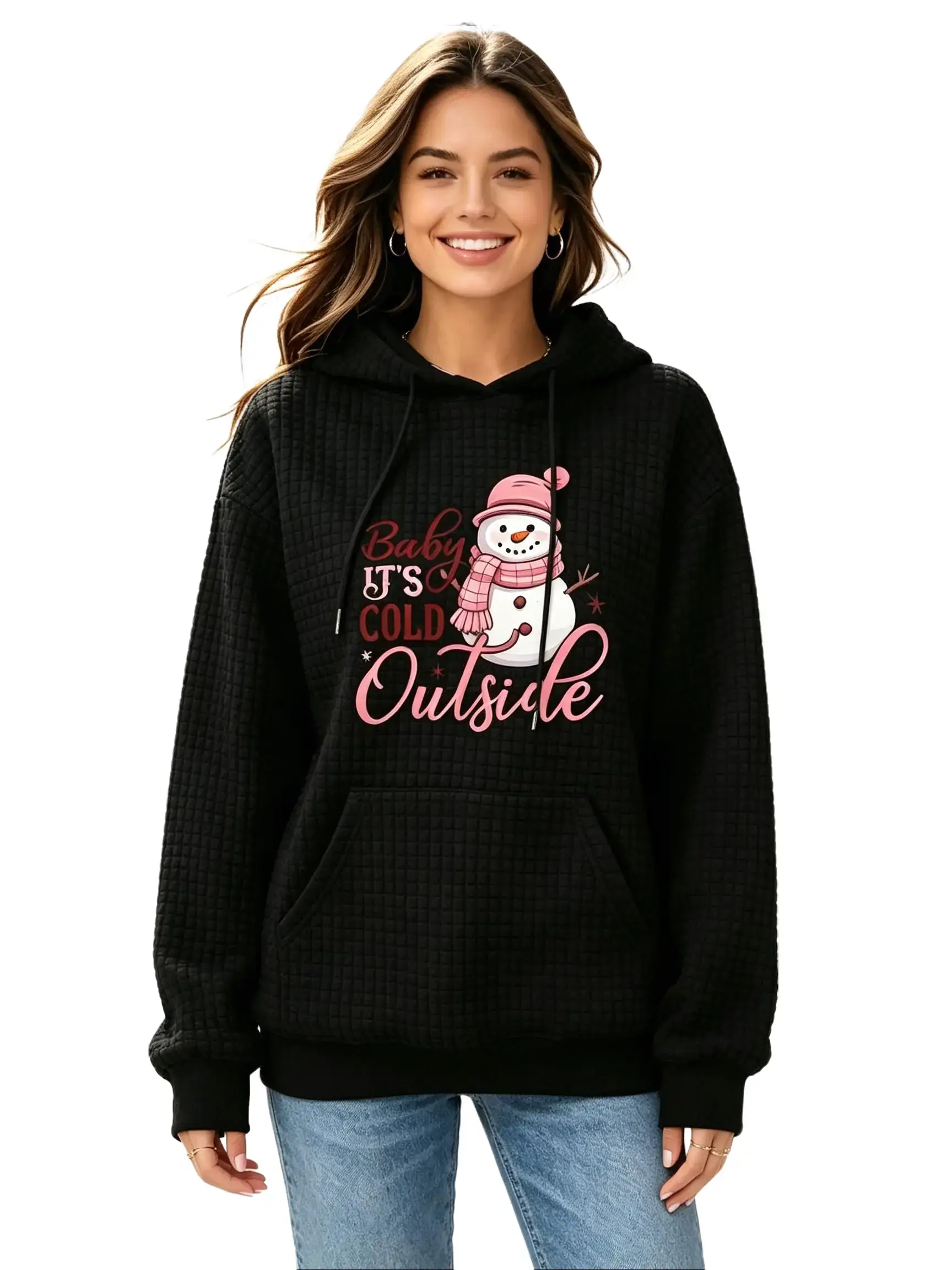 Women's Trendy Fall & Winter Hooded Funny Sweatshirt with Cartoon Snowman Print,Long Sleeve Pocket Design, Trendy Hooded Sweatshirt,Soft Drawstring Waffle Hoodie for Casual Vacation & Casual Attire