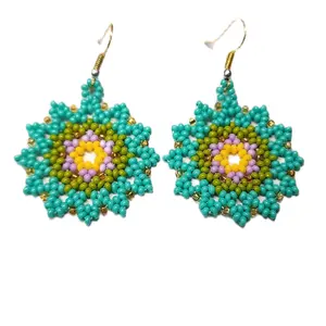 Beaded Green  Flowered Earrings with Vibrant Colors and Intricate Design