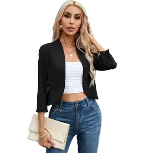 Clearlove Womens Cropped Blazer Casual Business 3/4 Sleeve Collarless Open Front Cardigan Work Jacket Shrug Black M