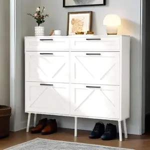 VOWNER Hidden Shoes Cabinet 120CM, Shoes Organizer with 4 Flip Drawers and 2 Storage Drawers for Entryway Storage, Hallways, Living Room, Whit/Black