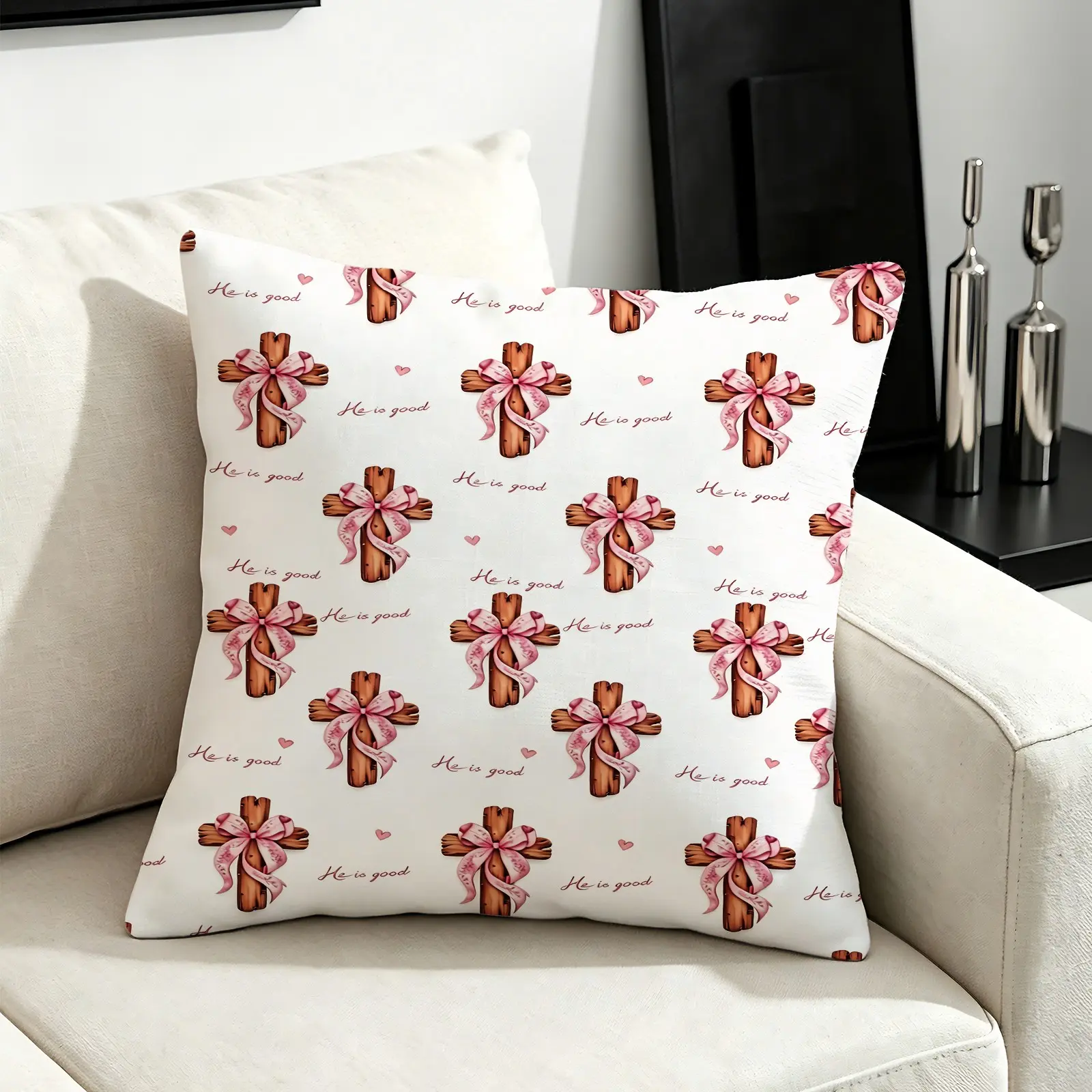 45x45cm 1Pcs Sweet Bow Printed Throw Pillow, Soft Polyester Fabric, Fade Resistant, All Season Universal, Zipper Closure, Suitable for Sofa, Living Room and Bedroom Decoration, Ideal Gift for Family and Friends