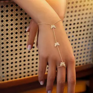 Gold Bracelets for Women, 18K Gold Plated Hand Chain, Cubic Zirconia Stainless Steel Non Tarnish Hand Chain Bracelet with Finger Ring, Adjustable Trendy Jewelry Valentines Day Gifts for Women