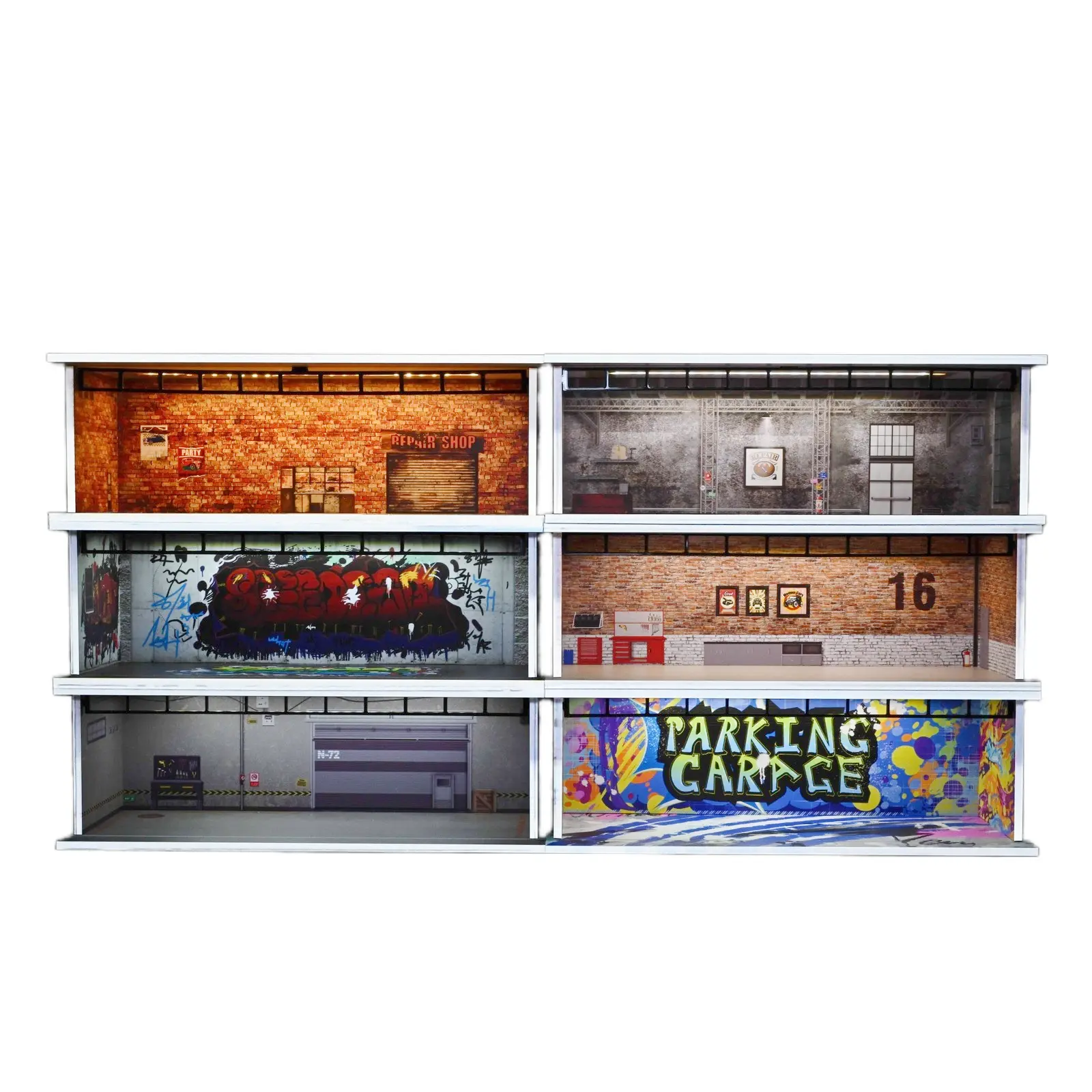 Diorama 1/64 Car Garage Model LED Lighting City Street View Vintage Repair Workshop Underground Car Parking Lot Scene Display Model Collection Gift Toy