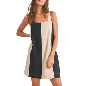 Talakeno Women's 100% Cotton Dress Spring/Summer Collection Color-Block Sleeveless Mini Dress Casual Short Style with Adjustable Straps