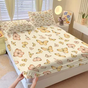 Yellow Butterfly Print Fitted Sheet Set, 1 Fitted Sheet + 2 Pillowcases, Soft Pastel Butterfly Pattern Bedding, Soft Breathable Microfiber Bed Linen for Cozy Bedroom, Wrinkle & Fade Resistant