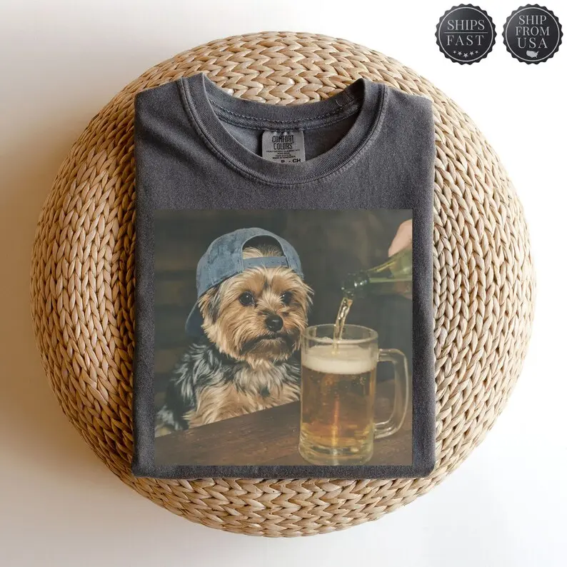 Comfort Colors Yorkie Drinking Beer T-Shirt, Yorkie Meme Graphic Tee, Funny Dog TShirt, Beer Dog T-Shirt, Retro 90s Animal T-shirt, Gift For Dog Lover