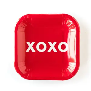 Square Red XOXO Valentine's Party Plate Set – Perfect for Desserts & Snacks, 12 Pack Lightweight Stylish