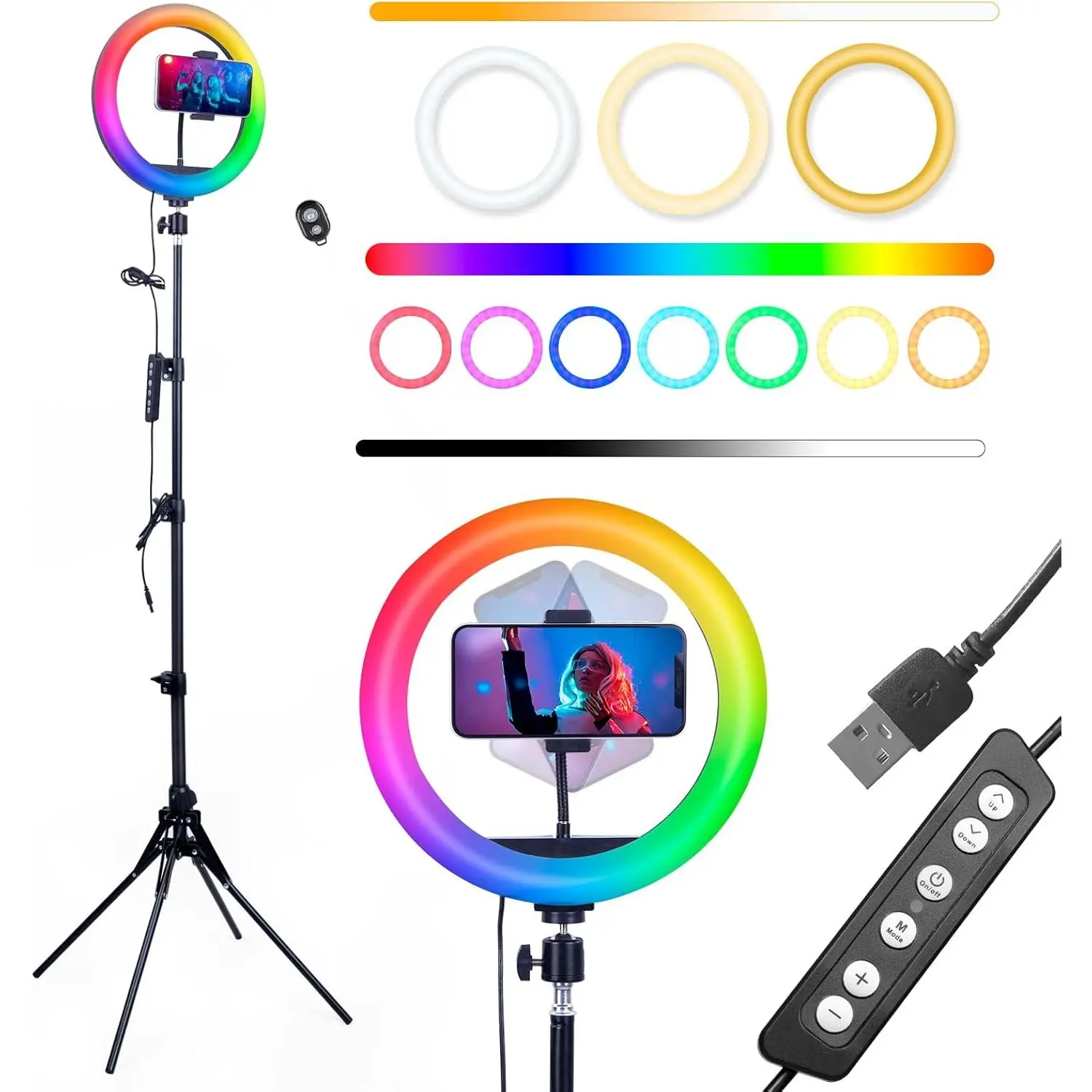 10.2inch LED Ring Live Fill Light, Adjustable Color and Brightness, with Stand and Hose Phone Clip, 74 inches Tall,You can take Photos, Record Video, Live Broadcast and so on (R10D10-RGB)