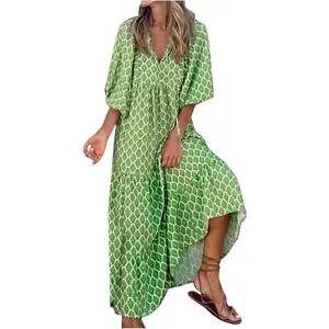 Boho Maxi Dresses for Women 2025 Casual Loose Fit Long Bohemian Dress Geometric Half Sleeve V Neck Tiered Flowy Dress