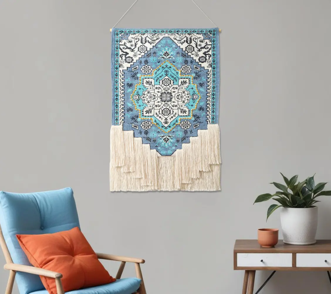 Handmade Cotton Macrame Hanging Tapestry with 360-Stand - 26x45 in, Blue Aqua & Ivory Floral Print, Fringe, Nature-Infused Geometric Design, 3D Room Art, Bohemian Indoor Home Decor for Bedroom, Rectangle Accent