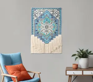 360 Stand Cotton Macrame Hanging Tapestry - 26x45 in, Blue Aqua & Ivory Floral Flower Print, Fringe, Nature-Infused Geometric Design, Decorative Bohemian Wall/Table Home Decor, Room