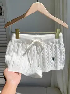 Women's Casual Knit Shorts with Embroidery Details, Drawstring Waist, Fitted Design, All-Season Comfortable Wear, Casual Boho Shorts