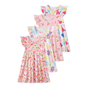 4-piece girls' casual fashion dress girls' summer print fashion Joker breathable dress children's small flying sleeves popular summer dress.