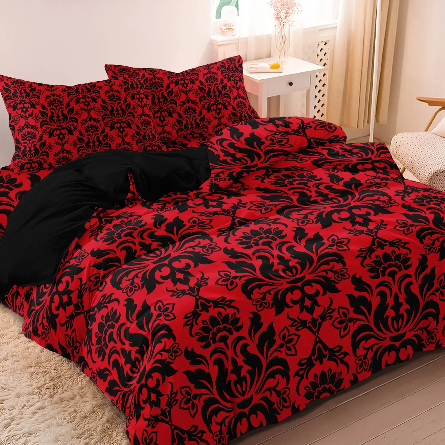3Pcs Dreamfields Red & Black Gothic Damask Bedding Set, Soft Microfiber Duvet Cover with 2 Pillow Shams, Vintage Baroque Floral Bed Set, Wrinkle Resistant & Non-Fading, Bold Aesthetic Room Decor (Included 1*Duvet Cover & 2*Pillowcase, Comforter Not Includ