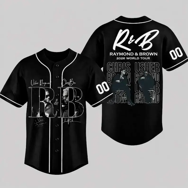 RnB Raymond Brown 2026 World Tour Black Baseball Jersey, Music Fan Short Sleeve Button Down Shirt, Vintage Star Graphic Hip Hop Concert Outfits Men Women