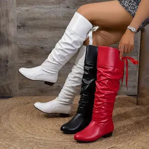 [Elegant Knee-High Boots] Elegant Knee-High Boots - Slip-Resistant TPR Sole, Chunky Low Heel, All-Season Formal & Casual Boots in White/Black/Red - Easy-Clean Synthetic Cover for Everyday, Parties, Office