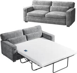 Queen Size Pull-Out Sofa Bed with Memory Foam Mattress, Sleeper Sofa Featuring 2 USB Charging Ports and Removable Covers, Ideal Loveseat for Living Room or Apartment, Supports Up to 600 LBS, Soft Chenille Fabric in Grey