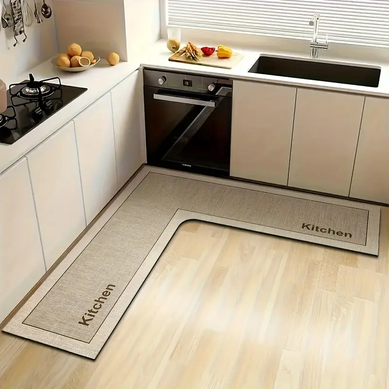 Large Kitchen Mat with 'Kitchen' Text - Non-slip Silicone Base, Ultra-soft Microfiber, Striped And Solid Colours, Irregular Shape Suitable for Hallways And Dining Area Entrances - Easy to Clean Home Decor, Modern Kitchenware Style