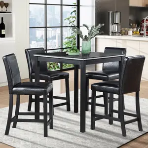 [Bellemave]5 Piece Counter Height Table Set, Wooden Kitchen Table Set with Square Table and 4 Upholstered Chairs, Counter Height Dining Table with Crystal Decoration and Chair Set for Kitchen, Dining Room,Black    RR