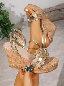 Women's Cork Wedge Sandals - Stylish Metallic Gold Bow Knot Comfortable Platform Gladiator Slingback High Heels, Trendy Ankle Strap Wood Grain Design for Beach Vacation, Daily Commute & Casual Chic.