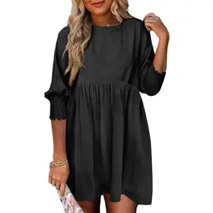 Women's Black Summer Tunic Dress Casual Loose Fit Short Sleeve Crew Neck Flowy Swing Mini Shift Sundress for Beach & Casual Dates LY246