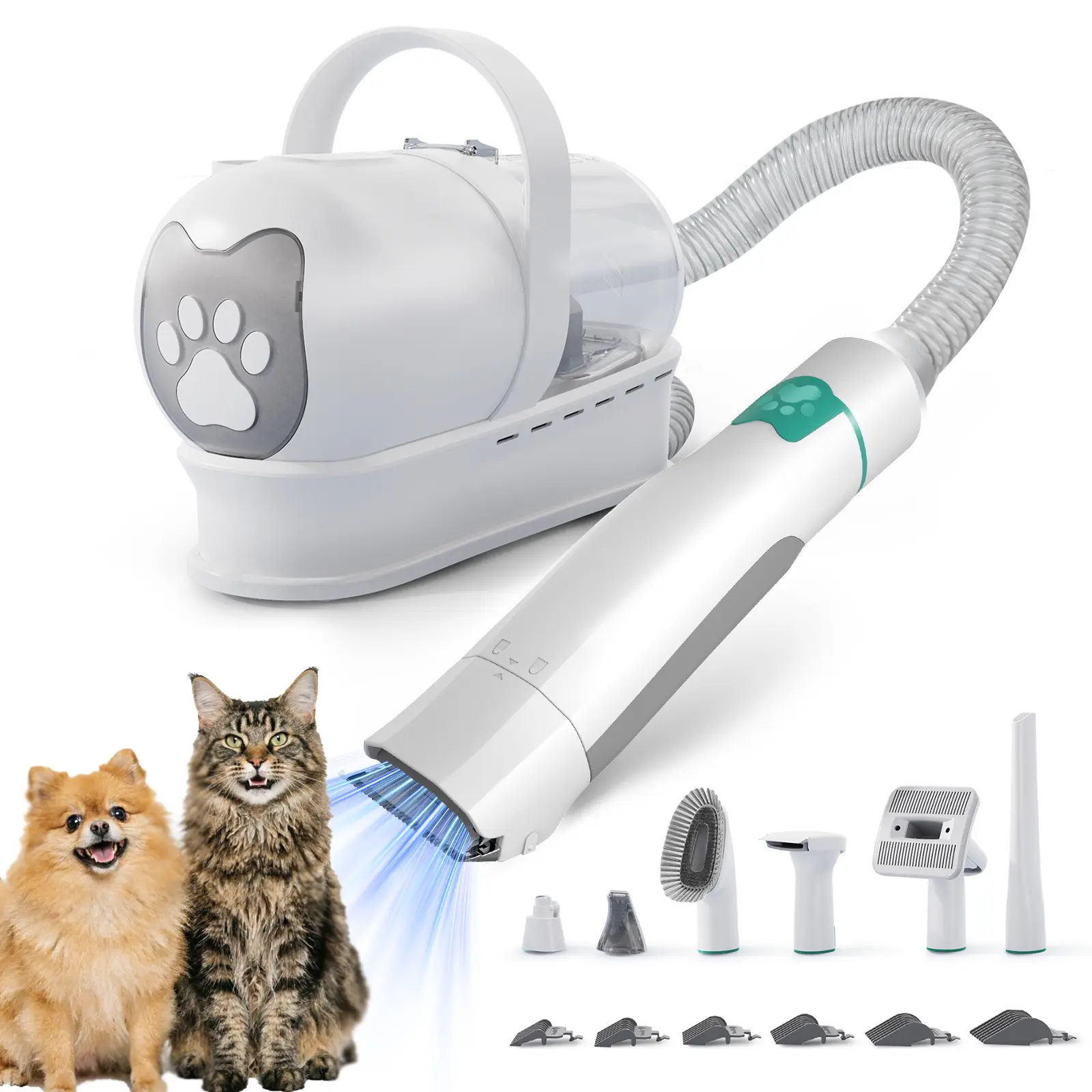 Pet Grooming Vacuum Kit for Shedding, 7-in-1 Dog Hair Vacuum Brush with Paw Trimmer, Nail Grinder, 6 Precision Combs & 3 Suction Levels