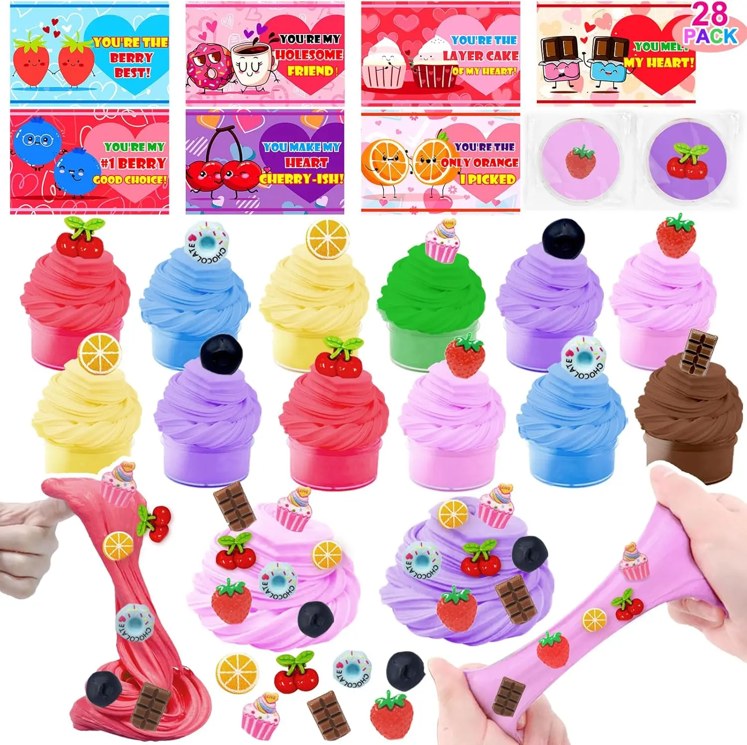 28 Pack Valentine's Day Cards with Butter Slime Toys, Valentines Gifts for Kids 7 Colors Slime & 7 Fruit Charms (4 Each), Stress Relief Toys Classroom Exchange Gifts, School Games Prizes Party Favors