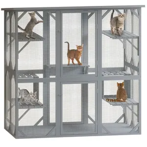 DOMISO Catio Outdoor Cat Enclosure with Roof, Wooden Cat House Large Cat Cage with Jumping Platforms and Napping Houses for Cat Activity