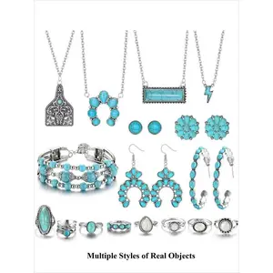 Boho Style Turquoise Decorated Jewelry Set, Necklace & Bracelet & Earrings & Rings, Fashion Jewelry for Party, Daily Decor, Trendy All-match & Exquisite Jewelry for Birthday Gift(Sheets)