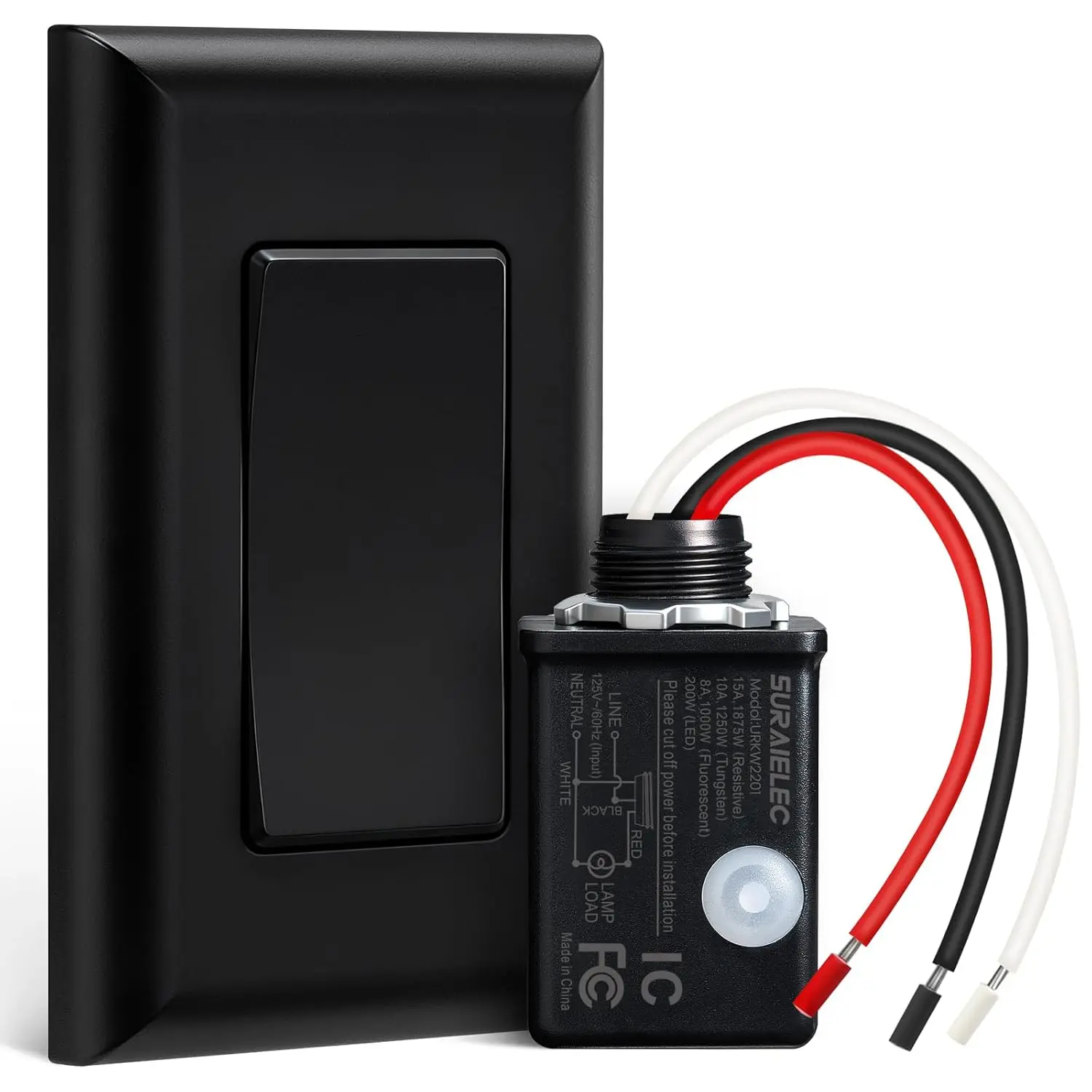 Wireless Light Switch and Receiver Kit, Black, 15A Remote Control | No Wiring Required, No Interference, 100 ft Range, Expandable Wall Switch for Lamp, Ceiling Light, Fan & Outdoor Lighting