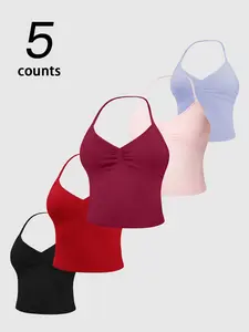 5-Pack Women's Sporty Vest Set, Slimming Stretch Yoga Top, Breathable Casual Design, All-Season Universal Fit, Plain Pattern