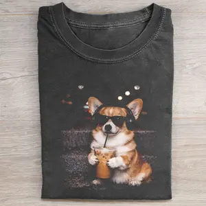 Funny Corgi Drinking Iced Coffee T-shirt, Vintage 90s Dog Meme Graphic Tee, Animal Lover Gift, Unisex Fit Design, Gift for Men and Women