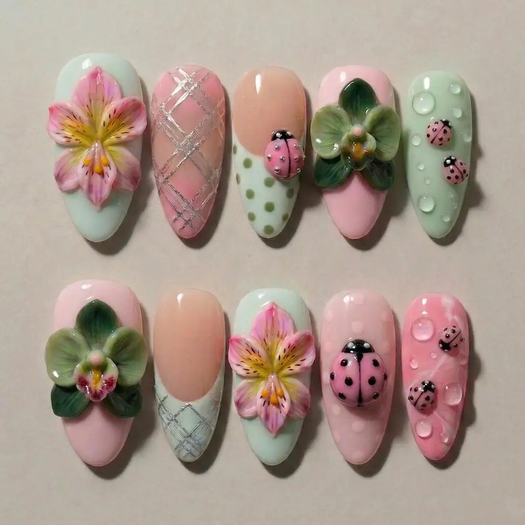 Pastel Garden Floral Press On Nails, 3D Flower Ladybug Nails, Almond Spring Nails, Cute Cottagecore Nails, Forest Inspired Nail Art