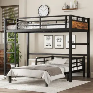 Bellemave  Metal Bunk Bed/Metal Loft Bed and Metal Platform Beds,with raised security fence,Vintage Wood-colored