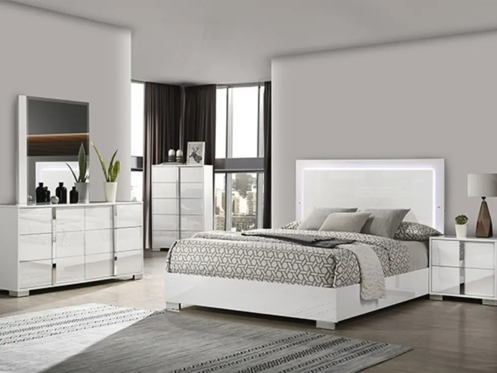 FM7211WH-4PC 4 pc Sinistra white glossy finish wood LED accents headboard queen bedroom set silver metal vertical handles
