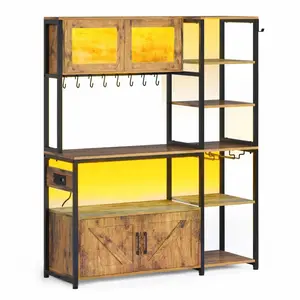SIKAIC 45.3-Inch Farmhouse Look Coffee Bar Station, Indoor Engineered Wood Cupboard Cabinet with Power Outlet, RGB Lighting, Requires Assembly, Brown