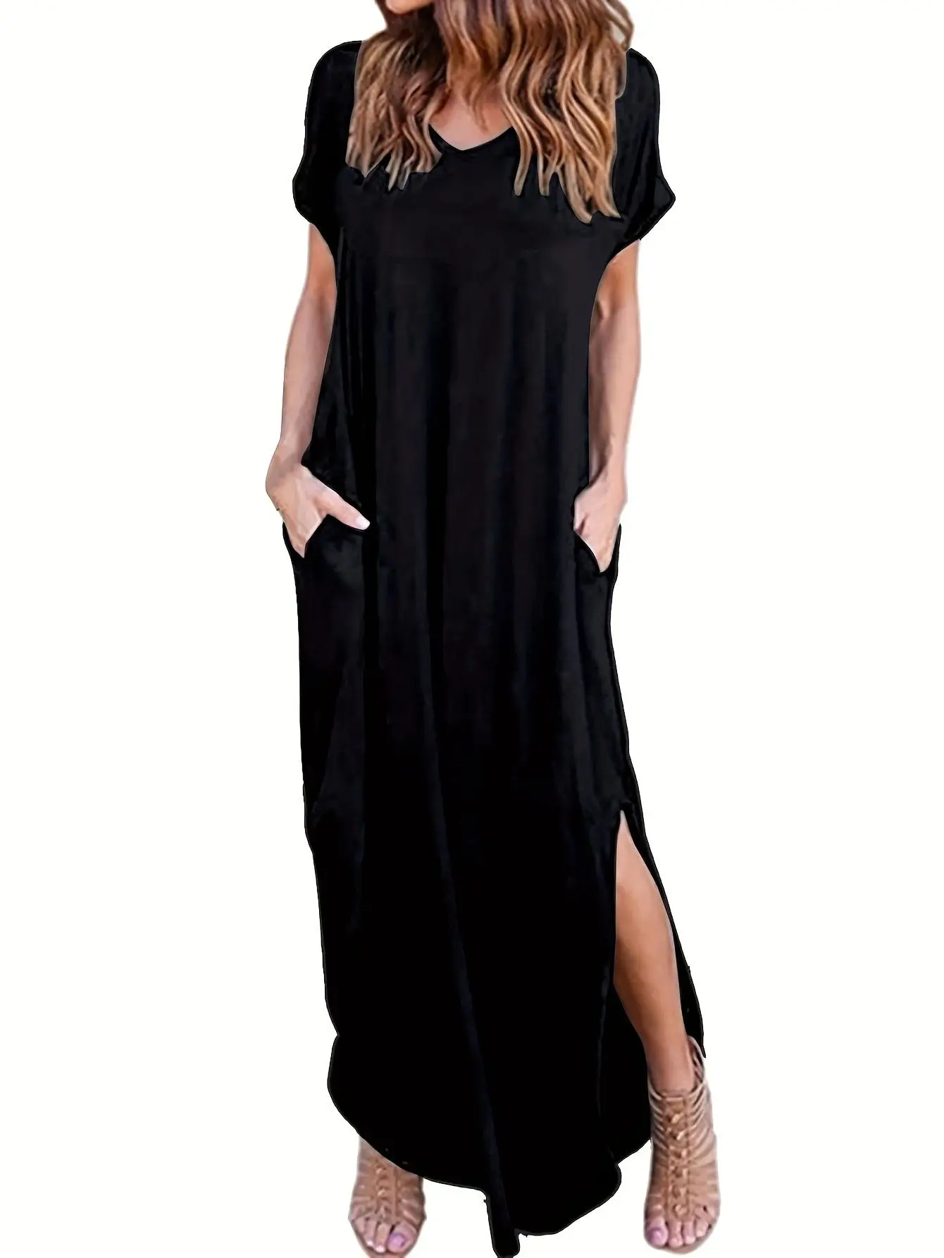 Women's Summer Maxi Dress Casual Loose Pockets Long Dress Short Sleeve Split Maxi Dresses