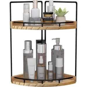 2-Tier Bathroom Counter Organizer,Vanity Counter Corner Shelf, Skincare, Wood Countertop Bathroom Storage and Organization for Kitchen (Brown)