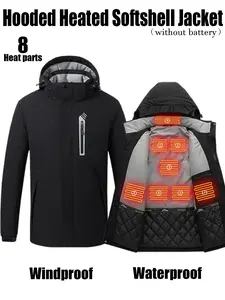 Men's Fall Winter Rechargeable Power Bank Jacket, Heated Hooded Soft Shell Thermal Lined Outerwear, Windproof Waterproof Design, Outdoor Skiing Hiking Camping
