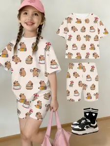 Capybara Theme Girls Short Sleeve Shorts Set, Adorable Water Pig Pattern, Casual Home Wear, Outdoor Walks, Sleepwear, Soft Cute Style