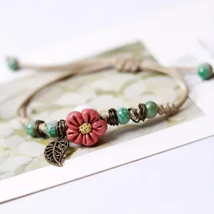 1pc Of Bohemian Ceramic Bead Bracelet, Adjustable Handmade Ethnic Style, With Patterns And Color Changes, And Rural Charm Accessories With Leaf Pendants Valentine'S Day Gift, Gift For Her