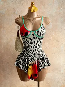Leopard Print Gradient Waist Ruffle Halter Mini Skirt, A-Line Beach Vacation Lunch Office Travel Date Photo Daily Wear Ruffled