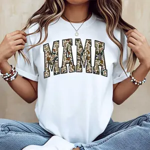 Camouflage Mama Print T-Shirt White Crew Neck Casual Top For Women Mother Day Gift